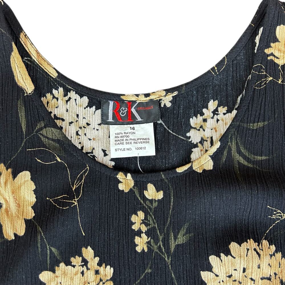 Vintage R&K Originals Dress Size 16 Black Tan Floral Crinkle Crepe Tie Back Maxi - Picture 9 of 10